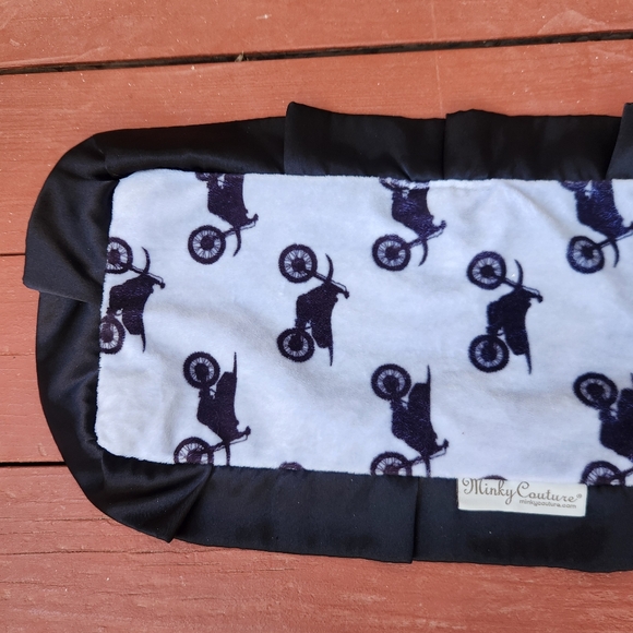 MINKY COUTURE Baby Burp Cloth Security Blanket Black Motorcycle Print Ruffle - Picture 2 of 10